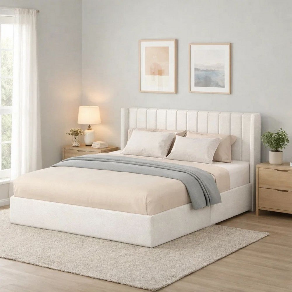 Deny Queen Size Bed | 2 Drawers | Channel Tufted Ivory Boucle Upholstery