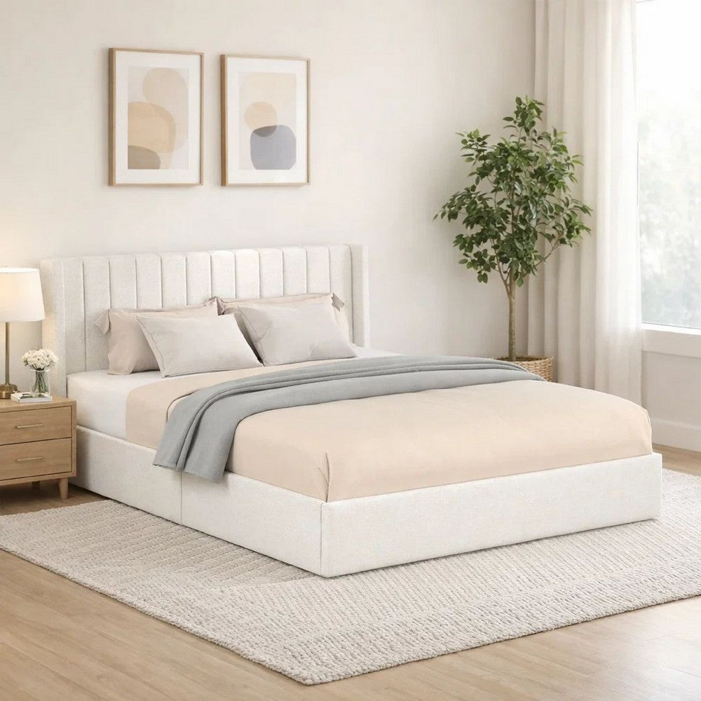 Deny Queen Size Bed | 2 Drawers | Channel Tufted Ivory Boucle Upholstery