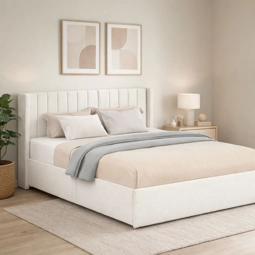 Deny Queen Size Bed | 2 Drawers | Channel Tufted Ivory Boucle Upholstery