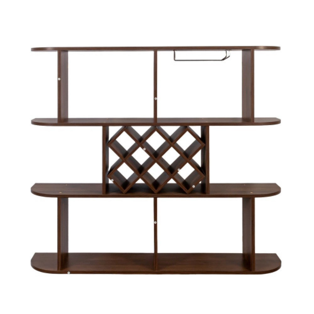 Wall Mounted Bar 3 Tier Bottle Wine Rack w Glass Holder | Walnut Brown
