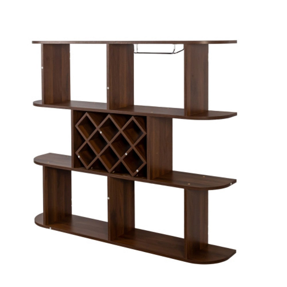 Wall Mounted Bar 3 Tier Bottle Wine Rack w Glass Holder | Walnut Brown