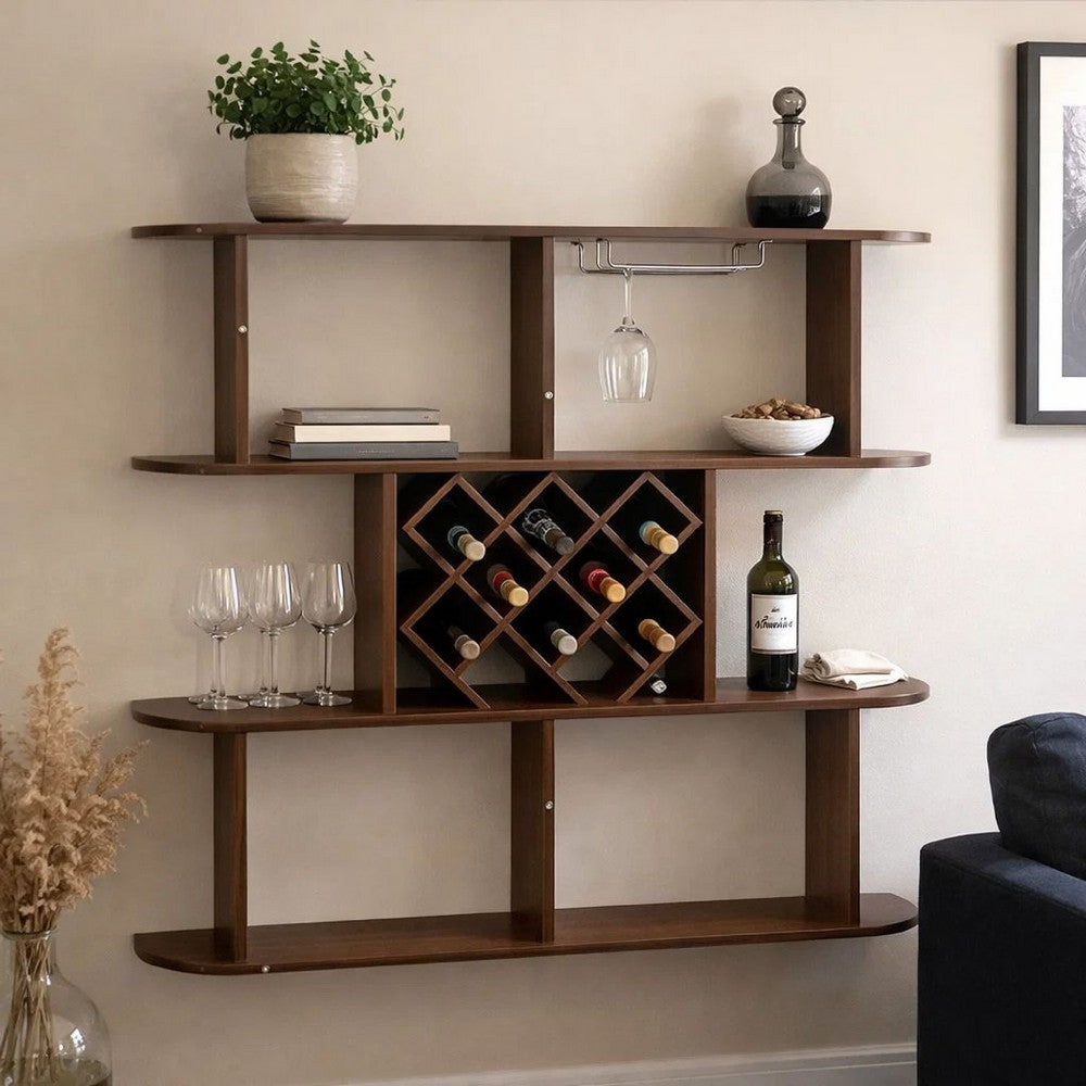 Wall Mounted Bar 3 Tier Bottle Wine Rack w Glass Holder | Walnut Brown