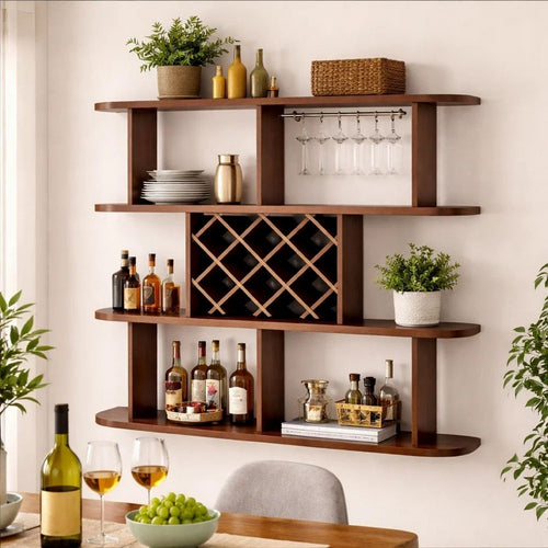 Wall Mounted Bar 3 Tier Bottle Wine Rack w Glass Holder | Walnut Brown