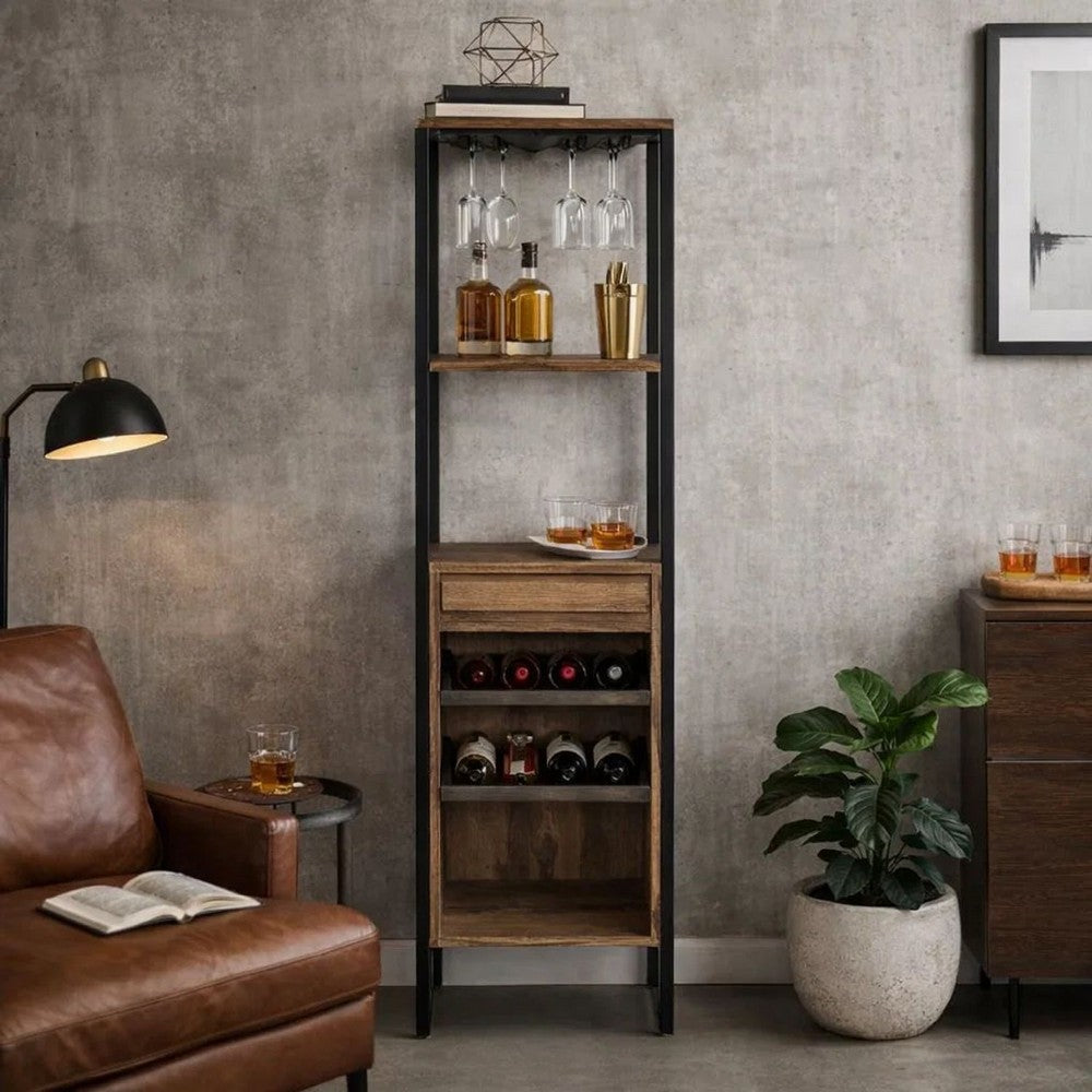 Nery Wine Rack with 1 Drawer & 3 Shelves | 69" | Weathered Oak Brown
