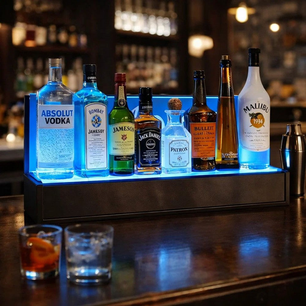 Bar Bottle Display Shelf with LED Remote Control | 20" | Gray Wood