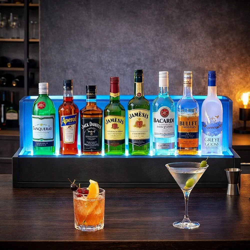Bar Bottle Display Shelf with LED Remote Control | 20" | Gray Wood