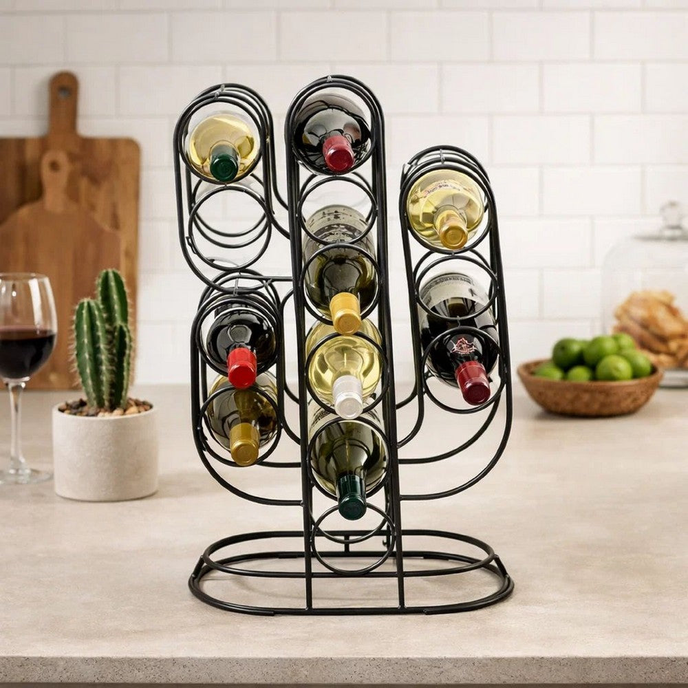 13 Bottles Countertop Wine Rack | 23" | Cactus Shaped Black Metal Frame