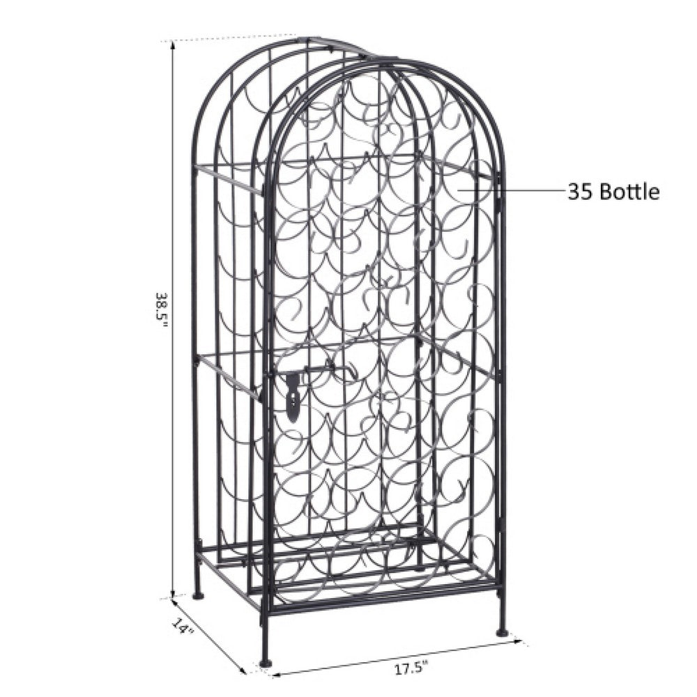 Homy Wine Rack Cabinet with Lock | Holds 35 Bottles | Black Wrought Iron