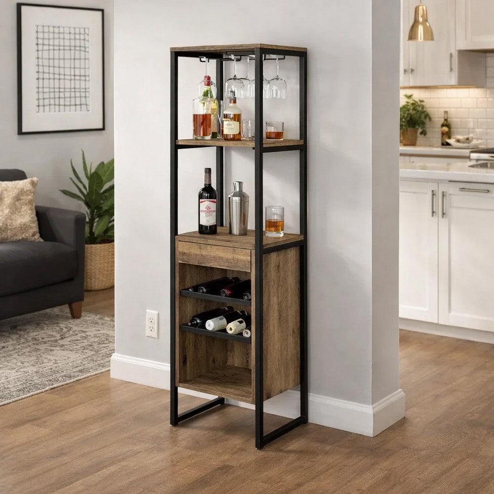Nery Wine Rack with 1 Drawer & 3 Shelves | 70" | Weathered Oak Brown