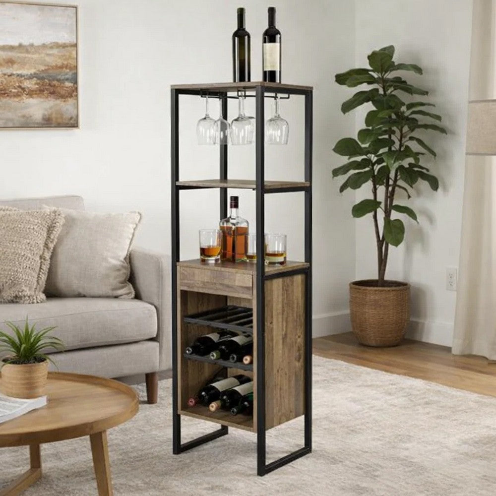 Nery Wine Rack with 1 Drawer & 3 Shelves | 70" | Weathered Oak Brown
