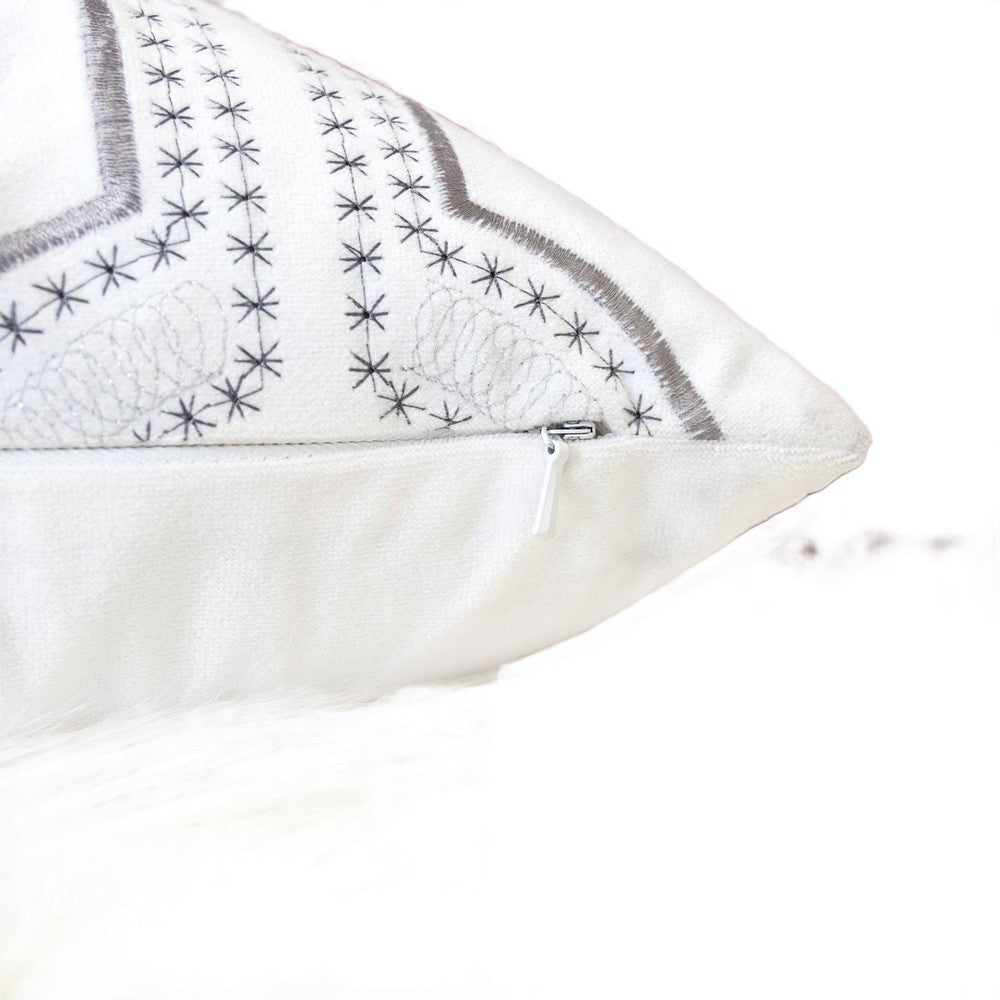 Zey Throw Pillow Cover | Snowflake Embroidered White Velvet | 20" Square