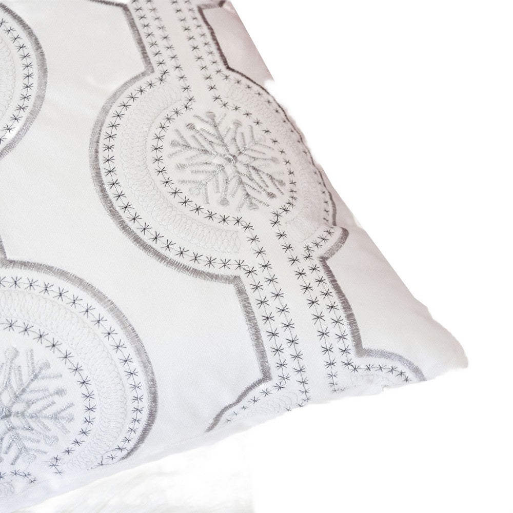 Zey Throw Pillow Cover | Snowflake Embroidered White Velvet | 20" Square