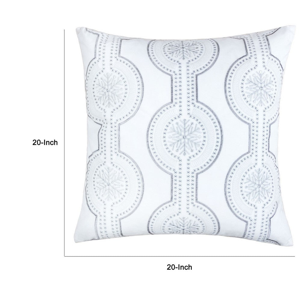 Zey Throw Pillow Cover | Snowflake Embroidered White Velvet | 20" Square