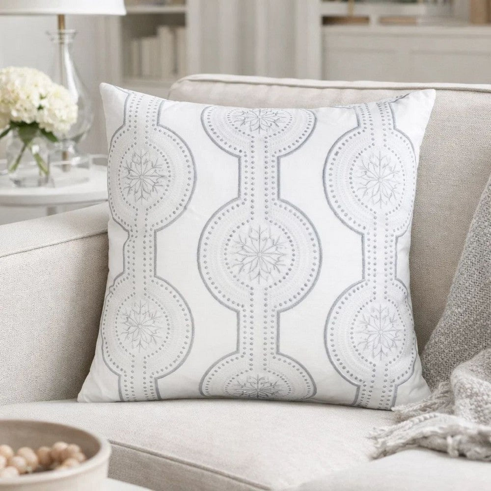 Zey Throw Pillow Cover | Snowflake Embroidered White Velvet | 20" Square