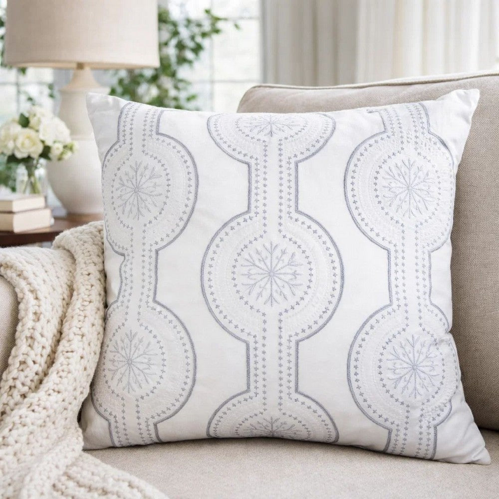 Zey Throw Pillow Cover | Snowflake Embroidered White Velvet | 20" Square