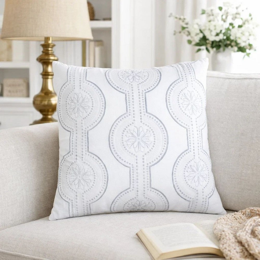 Zey Throw Pillow Cover | Snowflake Embroidered White Velvet | 20" Square