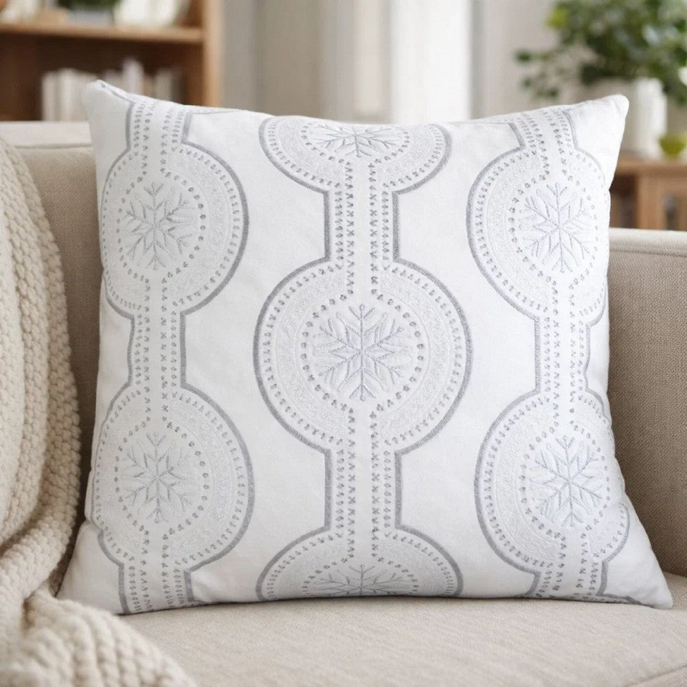 Zey Throw Pillow Cover | Snowflake Embroidered White Velvet | 20" Square