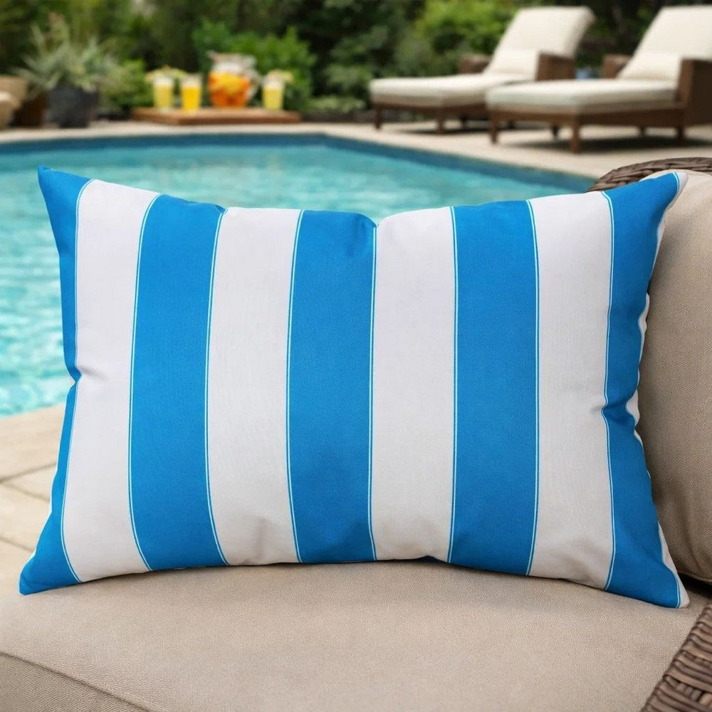 Keo Outdoor Lumbar Throw Pillow Cover | Blue & White Wide Stripes | 14x20