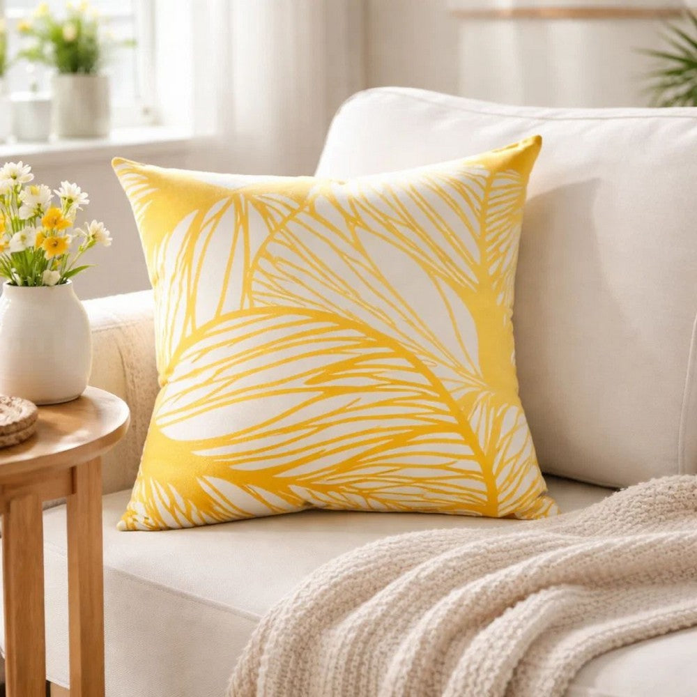 Gey Throw Pillow Cover | Outdoor Yellow & White Leaf Pattern 20" Square