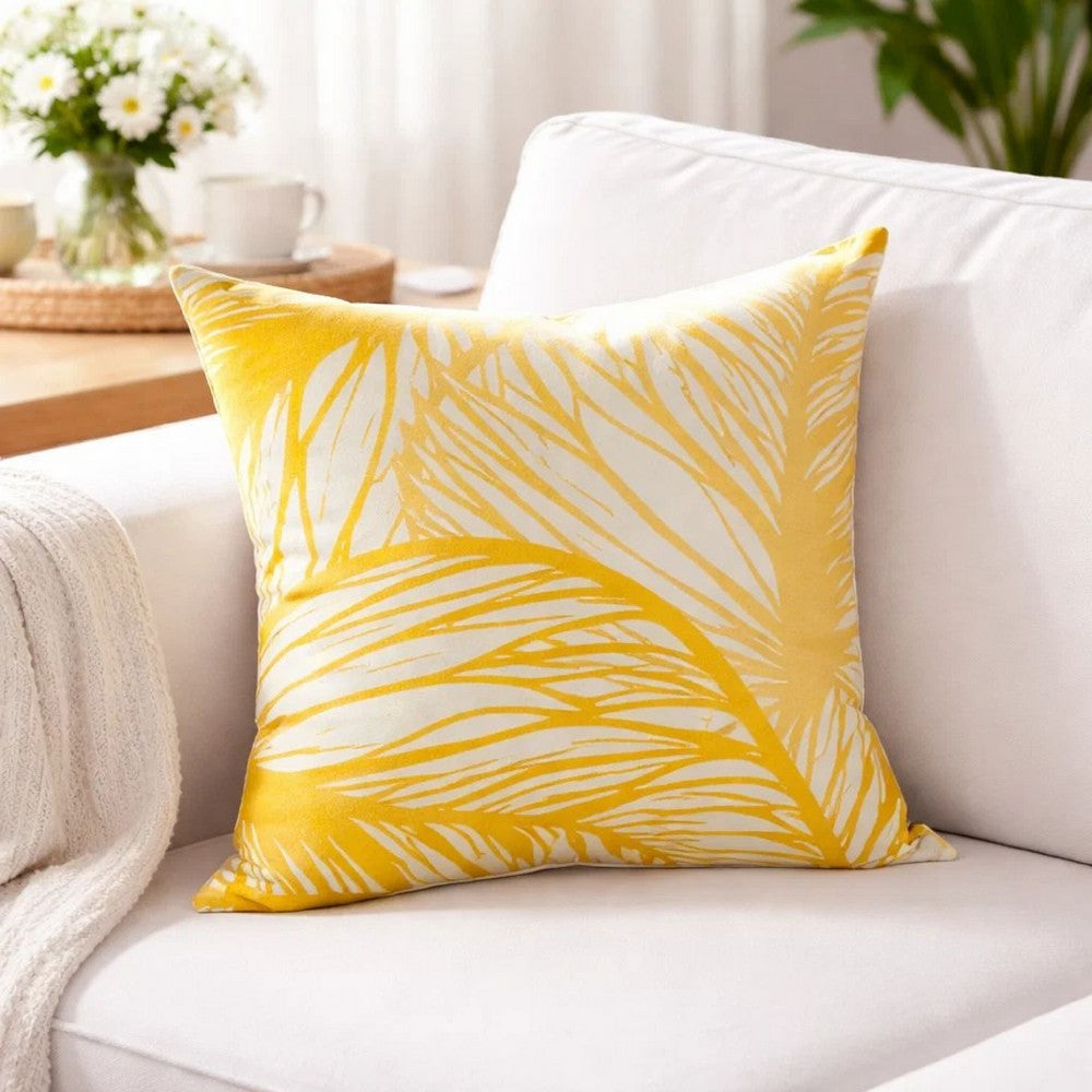 Gey Throw Pillow Cover | Outdoor Yellow & White Leaf Pattern 20" Square