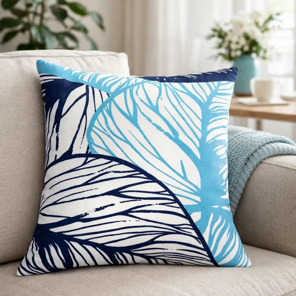 Gey Outdoor Throw Pillow Cover | Blue White Leaf Vein Pattern | 20" Square