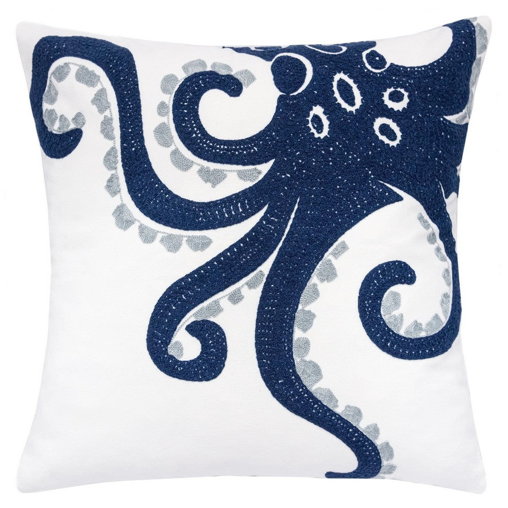 Modern Throw Pillow Cover | Blue White Octopus Design | Cotton 20" Square