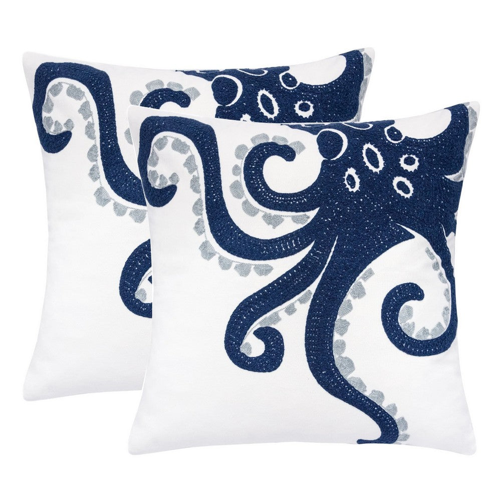 Modern Throw Pillow Cover | Blue White Octopus Design | Cotton 20" Square