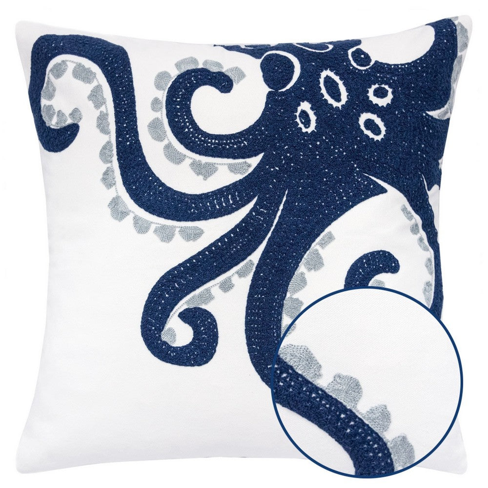 Modern Throw Pillow Cover | Blue White Octopus Design | Cotton 20" Square