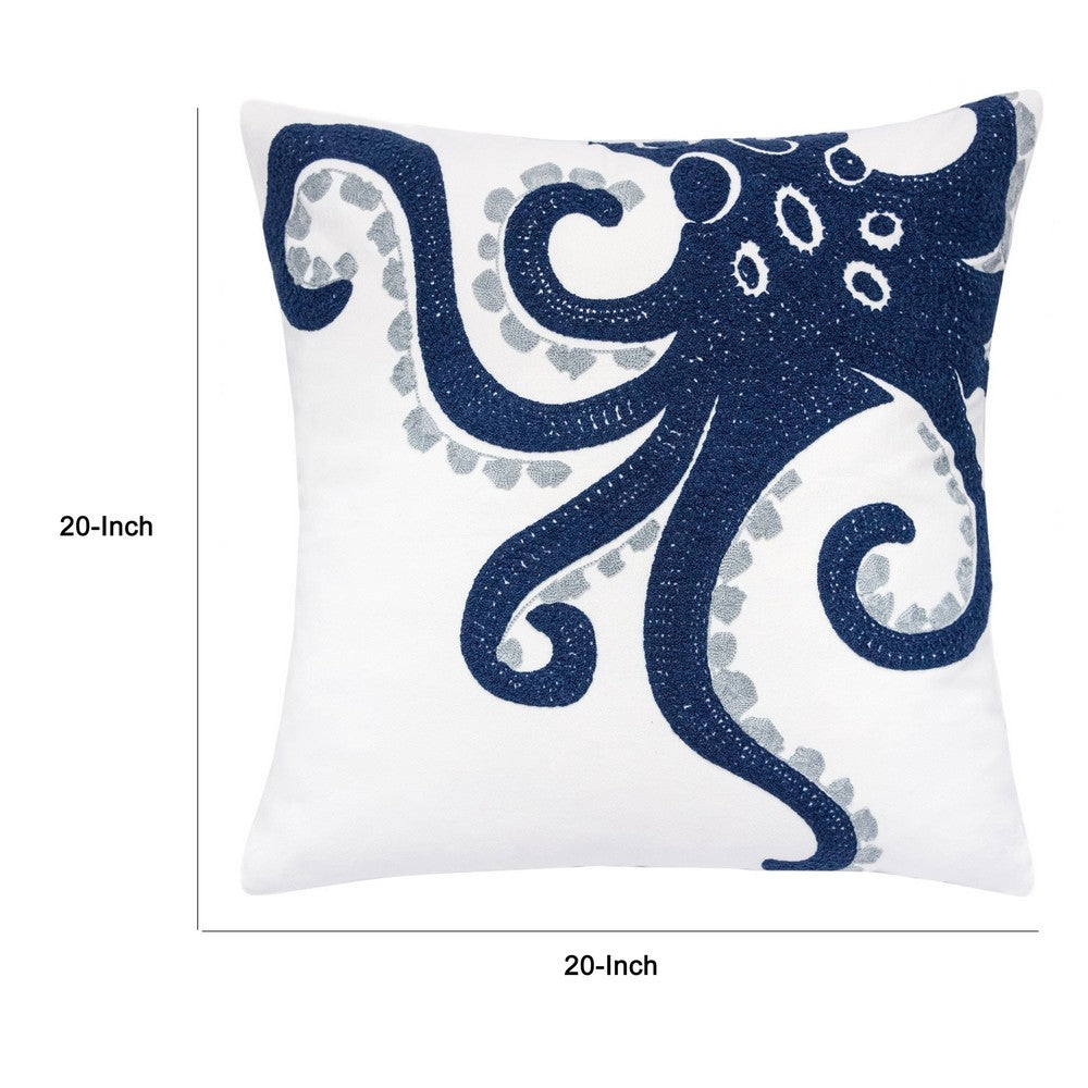 Modern Throw Pillow Cover | Blue White Octopus Design | Cotton 20" Square