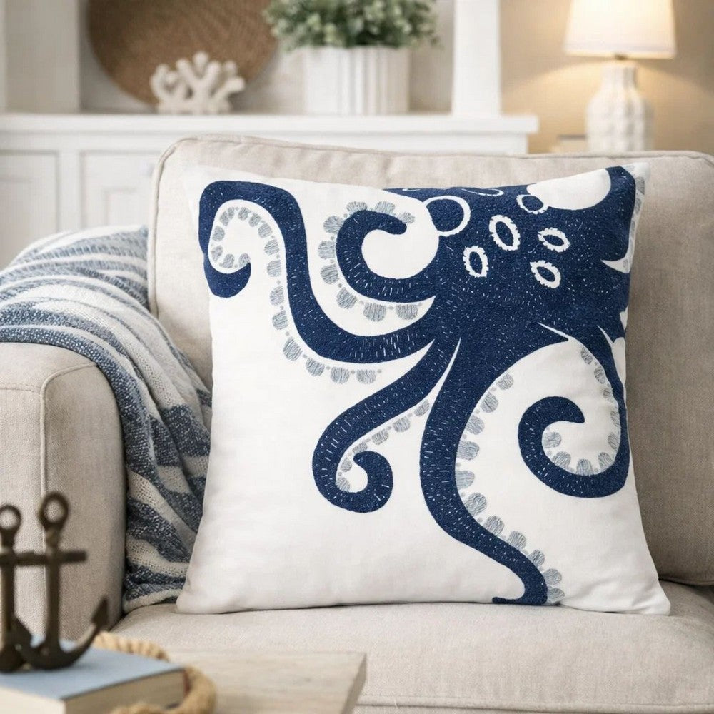 Modern Throw Pillow Cover | Blue White Octopus Design | Cotton 20" Square