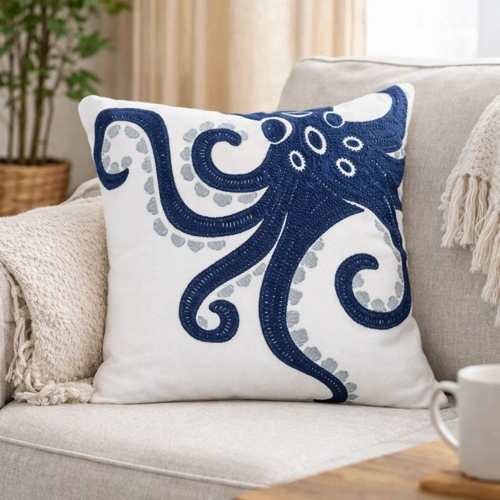 Modern Throw Pillow Cover | Blue White Octopus Design | Cotton 20" Square