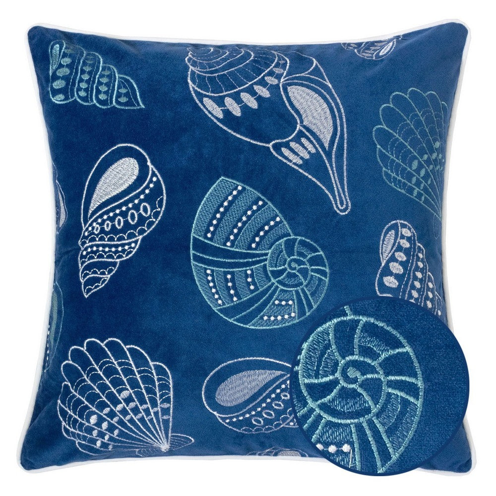Coastal Shell Design Throw Pillow Cover | Indigo Velvet | 20" Square