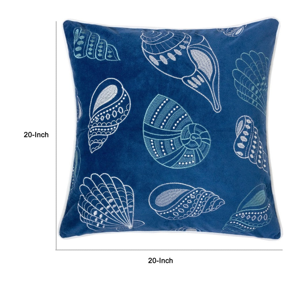 Coastal Shell Design Throw Pillow Cover | Indigo Velvet | 20" Square