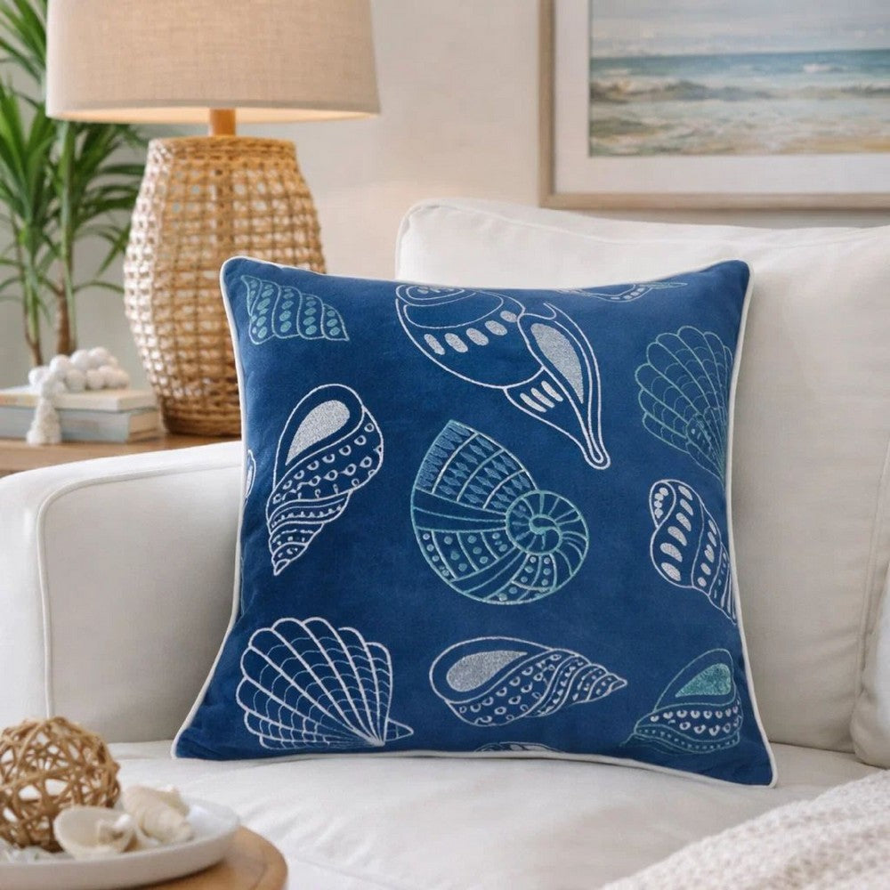 Coastal Shell Design Throw Pillow Cover | Indigo Velvet | 20" Square