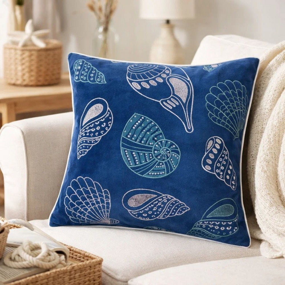 Coastal Shell Design Throw Pillow Cover | Indigo Velvet | 20" Square