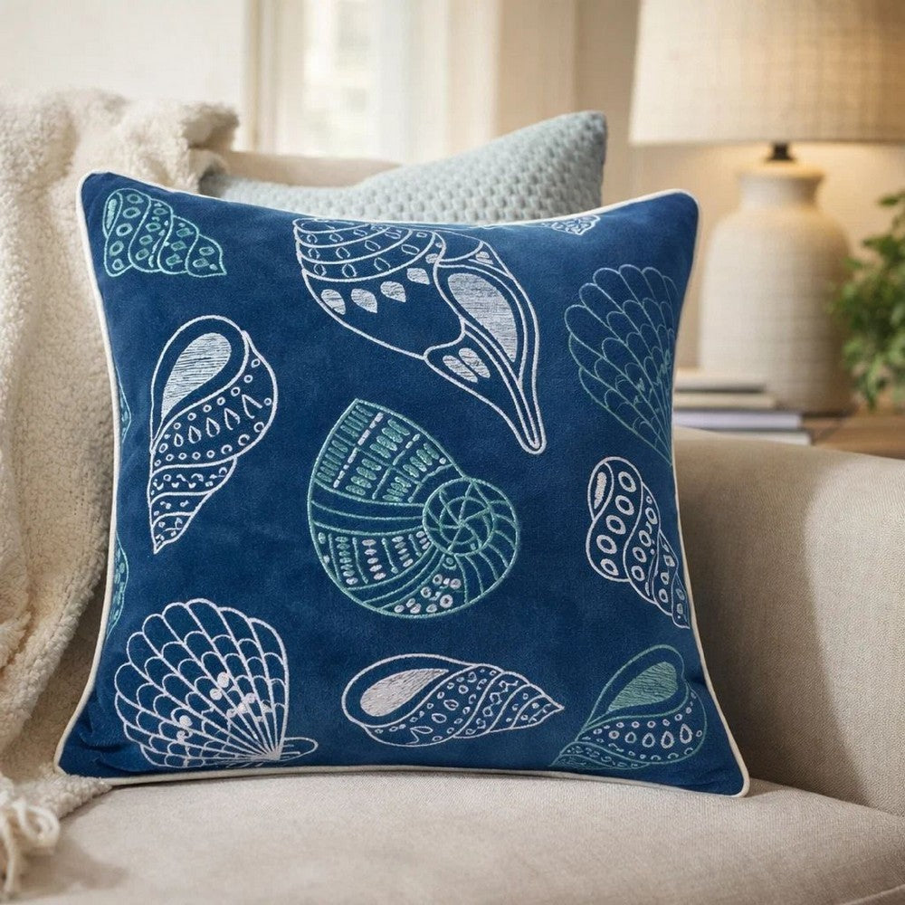 Coastal Shell Design Throw Pillow Cover | Indigo Velvet | 20" Square
