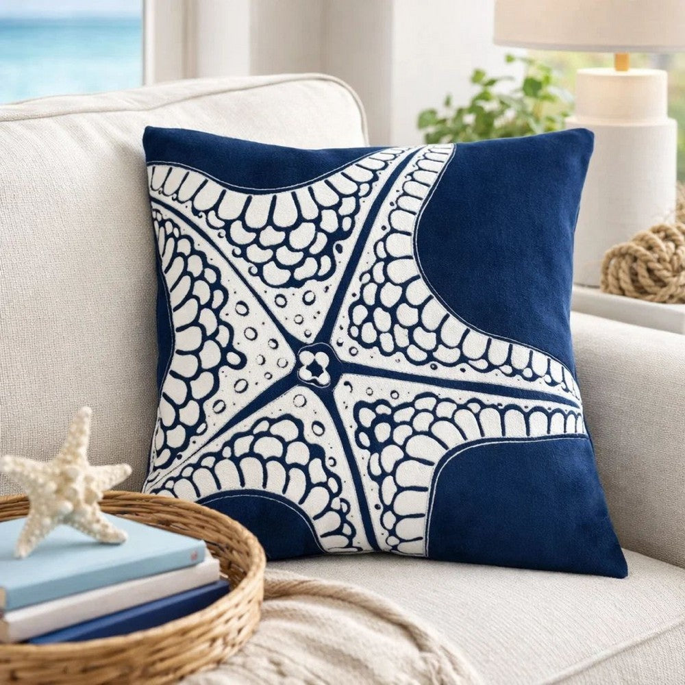 Throw Pillow Cover | Starfish Design | Coastal Indigo Velvet 20" Square