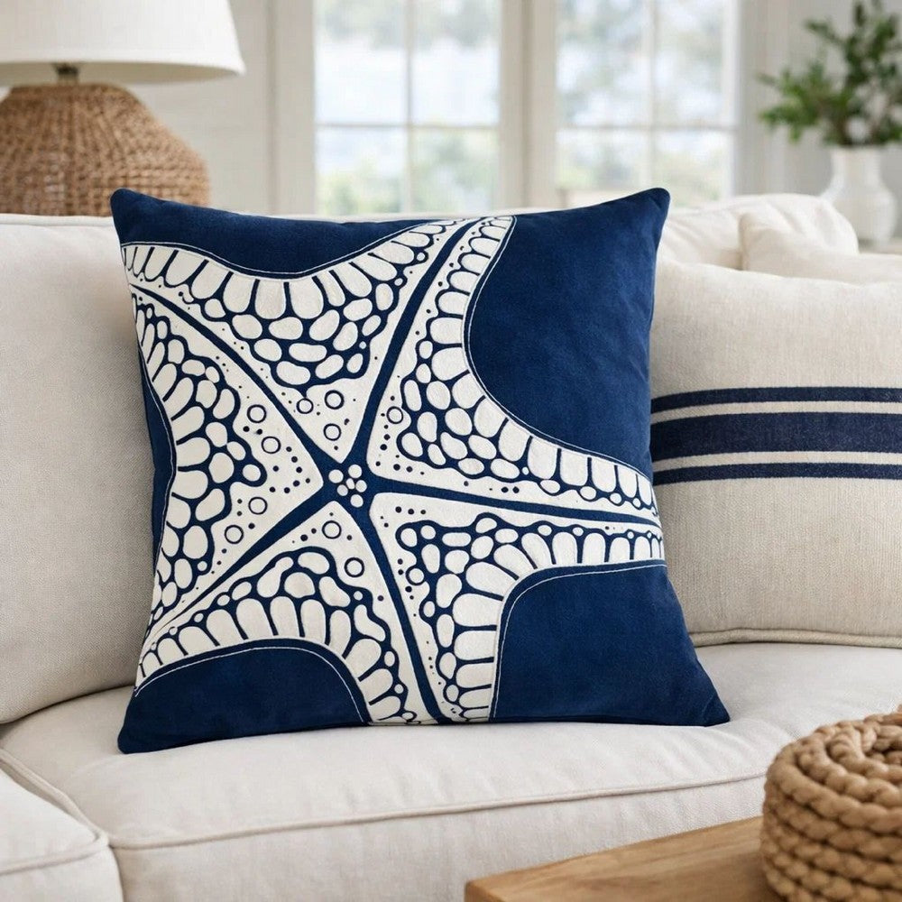Throw Pillow Cover | Starfish Design | Coastal Indigo Velvet 20" Square