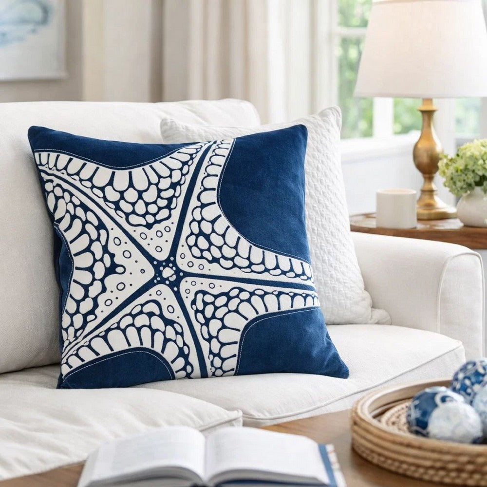 Throw Pillow Cover | Starfish Design | Coastal Indigo Velvet 20" Square