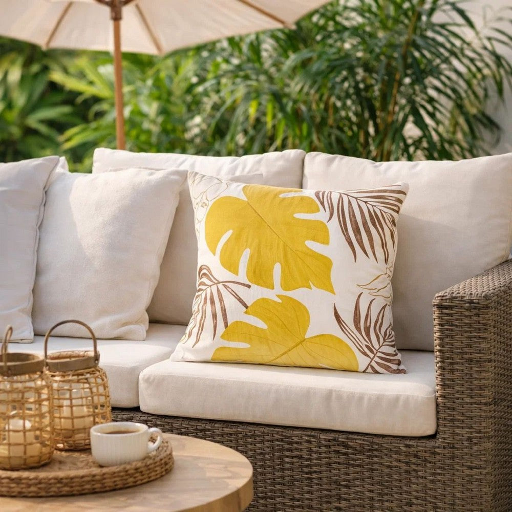 Lefy Accent Pillow Cover | Yellow Cover White Autumn Leaf Vibes | 20" Square