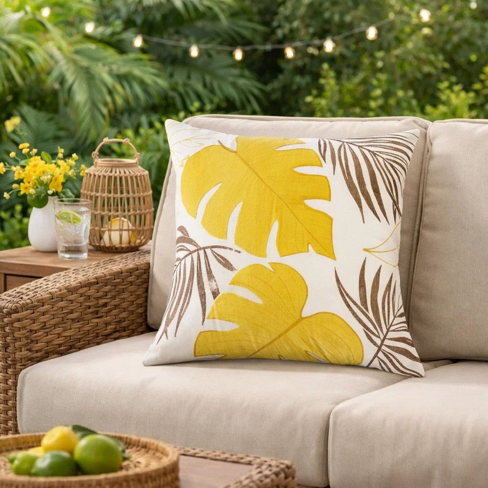 Lefy Accent Pillow Cover | Yellow Cover White Autumn Leaf Vibes | 20" Square