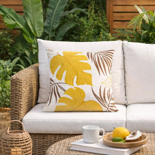 Lefy Accent Pillow Cover | Yellow Cover White Autumn Leaf Vibes | 20" Square