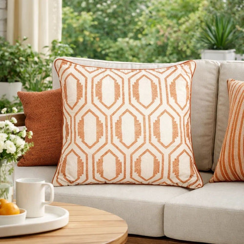 Throw Pillow Cover | Rust Orange Herringbone Pattern Embroidery 20" Square
