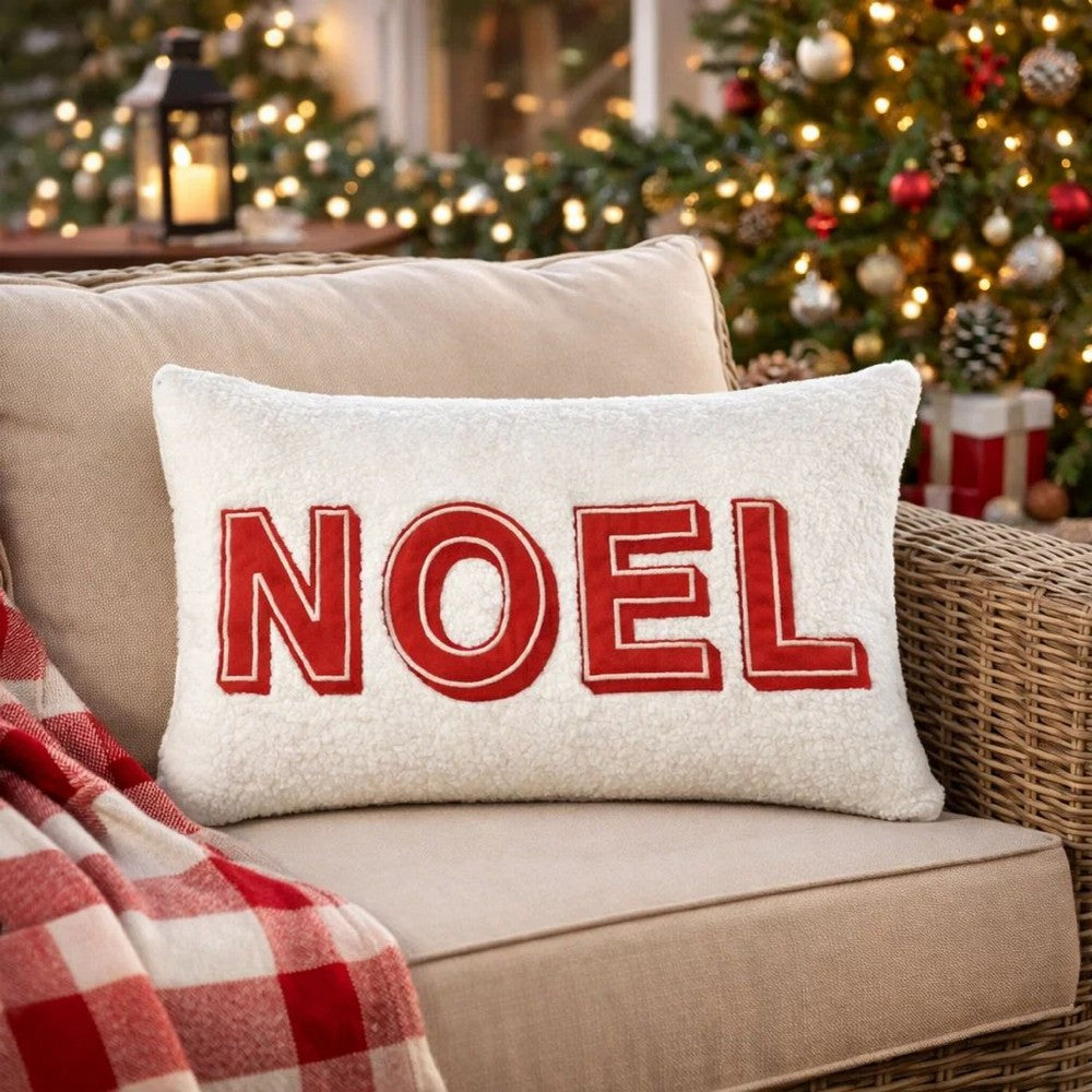 Holiday Throw Pillow Cover | NOEL Red & White Sherpa Textured | 14x20 Lumbar
