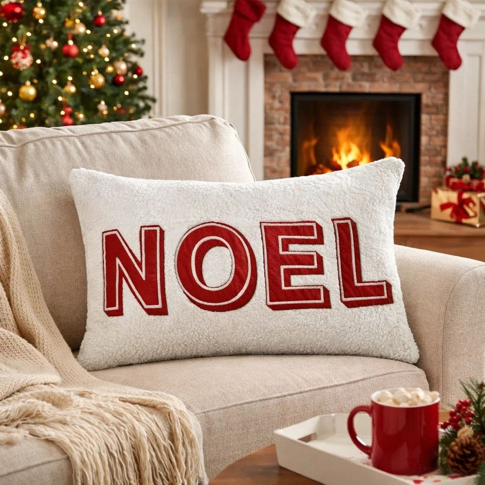 Holiday Throw Pillow Cover | NOEL Red & White Sherpa Textured | 14x20 Lumbar