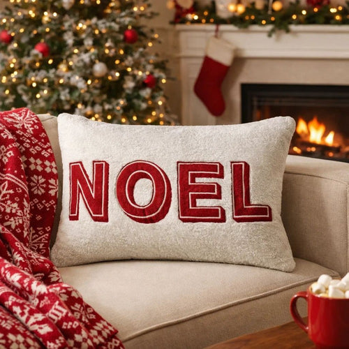 Holiday Throw Pillow Cover | NOEL Red & White Sherpa Textured | 14x20 Lumbar