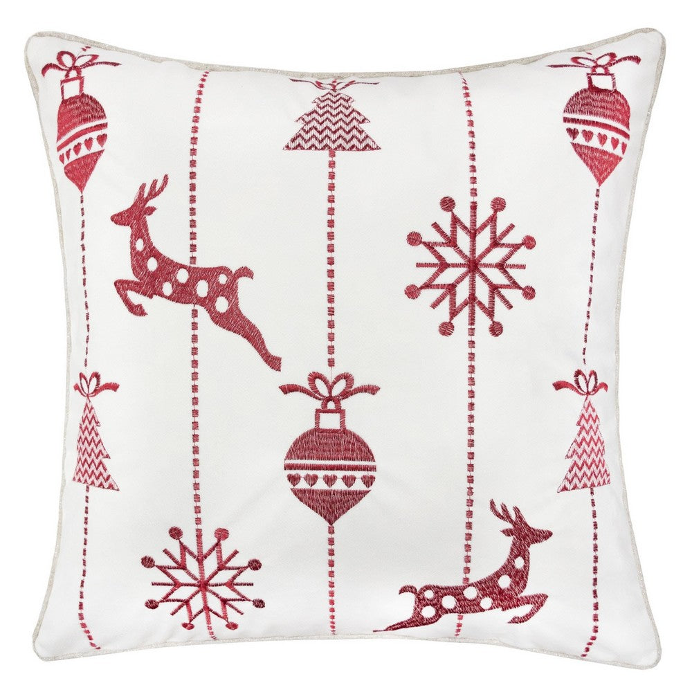 Throw Pillow Cover | Red Embroidered Reindeer & Snowflakes | 20" Square