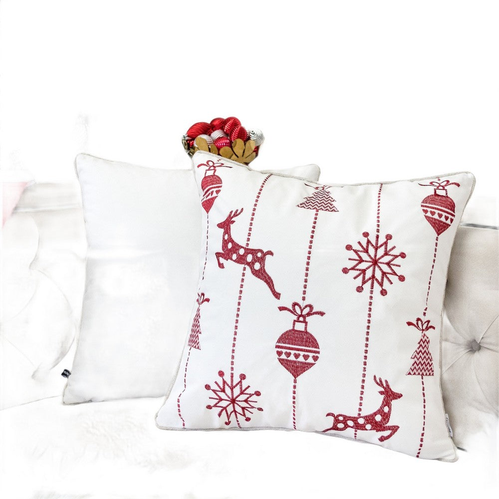Throw Pillow Cover | Red Embroidered Reindeer & Snowflakes | 20" Square
