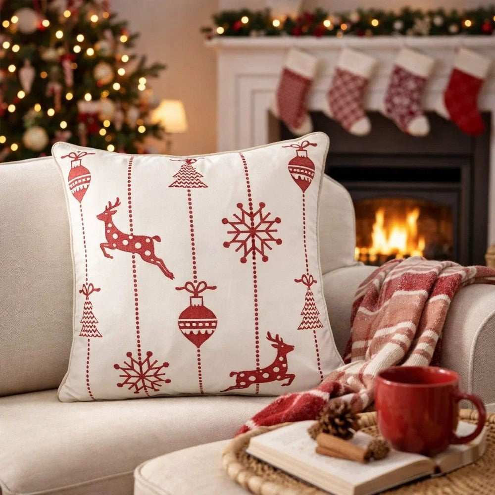 Throw Pillow Cover | Red Embroidered Reindeer & Snowflakes | 20" Square
