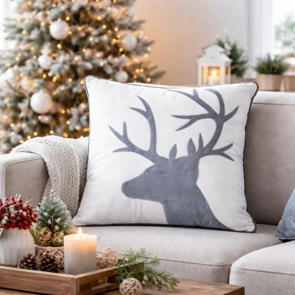 Holiday Accent Pillow Cover | White & Gray Reindeer Velvet | 20" Square